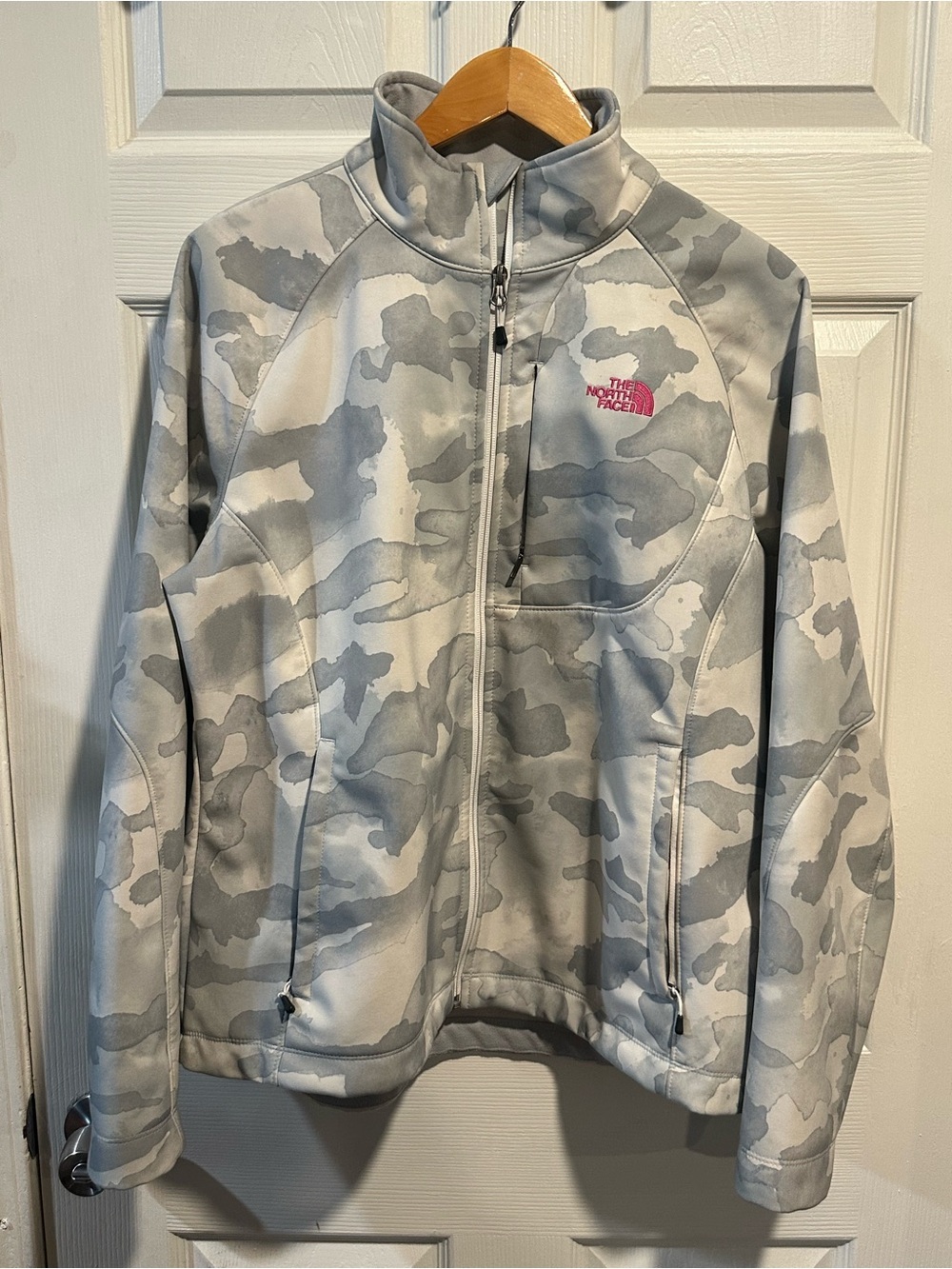 The North Face Grey Camo Fleece Jacket with Pink Logo